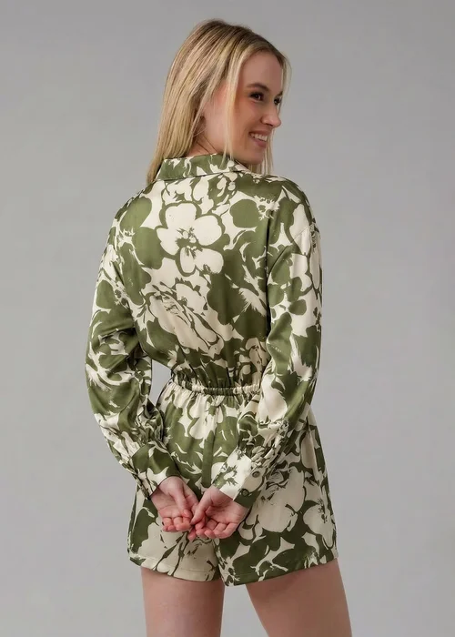 Wednesday’s Girl Green Floral Print Satin-Style Plunge Neck Tie Long Sleeve Playsuit - 14 Image 2