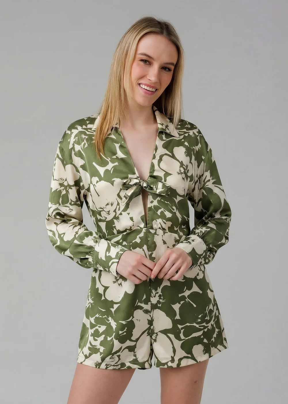 Wednesday’s Girl Green Floral Print Satin-Style Plunge Neck Tie Long Sleeve Playsuit - 14 Image 1