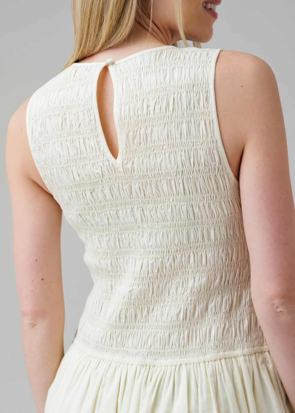 Wednesday’s Girl White Cotton Shirred Puff Skirt High Crew Neck Sleeveless Mini Dress - 6 Image 4