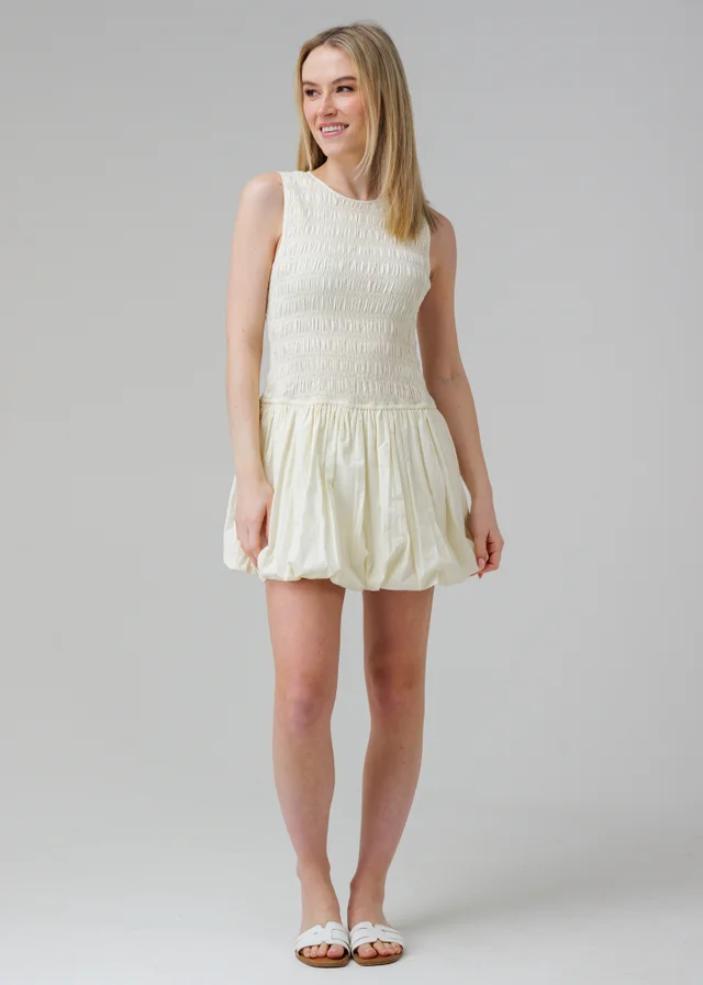 Wednesday’s Girl White Cotton Shirred Puff Skirt High Crew Neck Sleeveless Mini Dress
