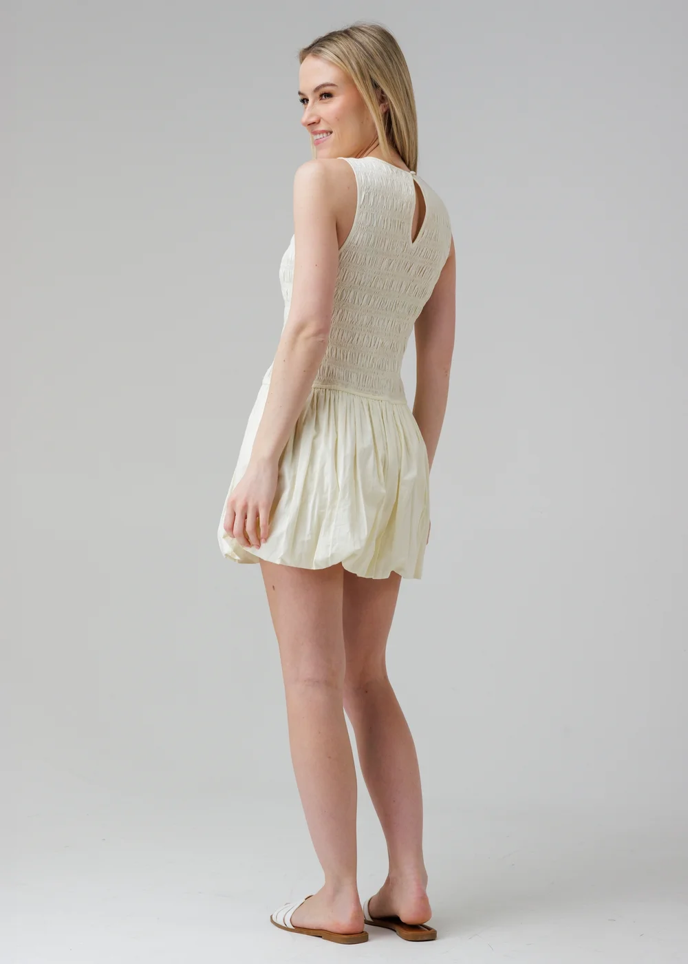 Wednesday’s Girl White Cotton Shirred Puff Skirt High Crew Neck Sleeveless Mini Dress - 6 Image 2