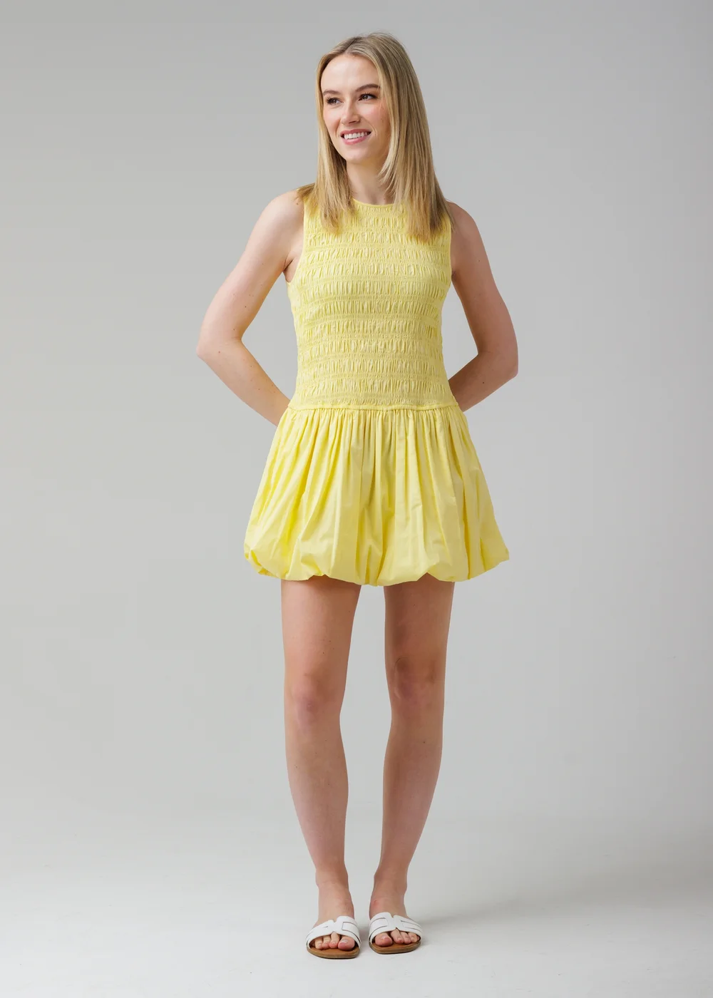 Wednesday’s Girl Yellow Cotton Shirred Puff Skirt High Crew Neck Sleeveless Mini Dress - 8 Image 1