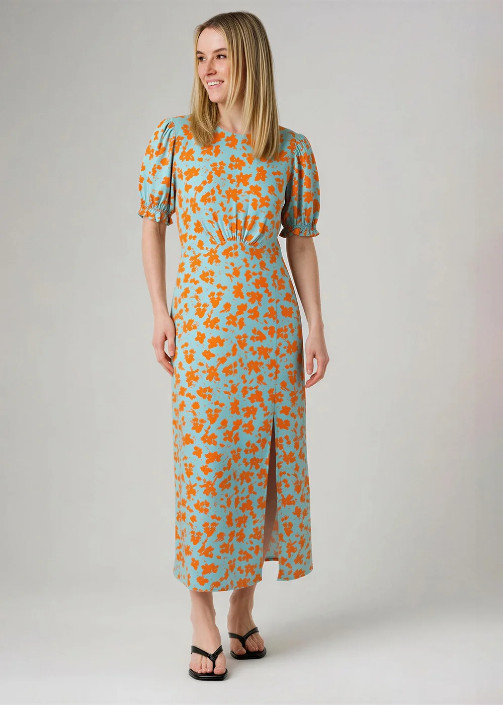 Wednesday’s Girl Blue Floral Print Round Neck Short Puff Sleeve Midi Dress - 20 Image 1