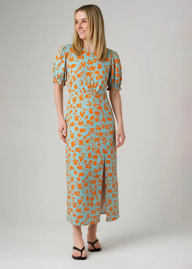 Wednesday’s Girl Blue Floral Print Round Neck Short Puff Sleeve Midi Dress