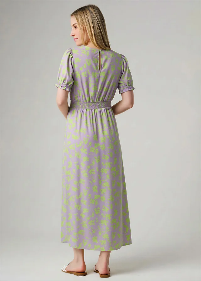 Wednesday’s Girl Purple Floral Print Round Neck Short Puff Sleeve Midi Dress