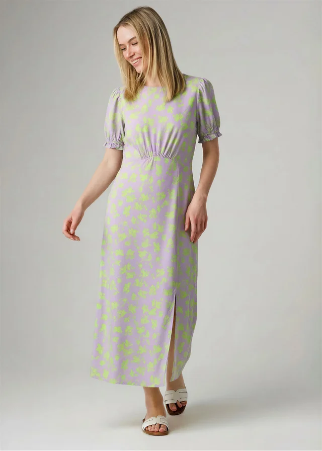 Wednesday’s Girl Purple Floral Print Round Neck Short Puff Sleeve Midi Dress