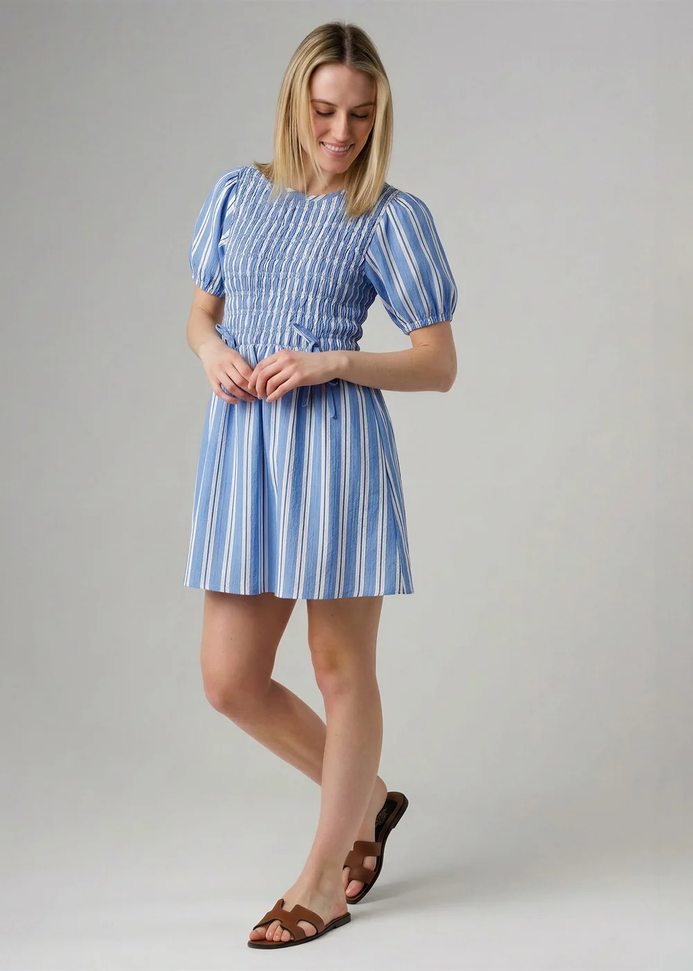 Wednesday’s Girl Blue Cotton Striped Shirred Puff Sleeve Mini Dress - 12 Image 1