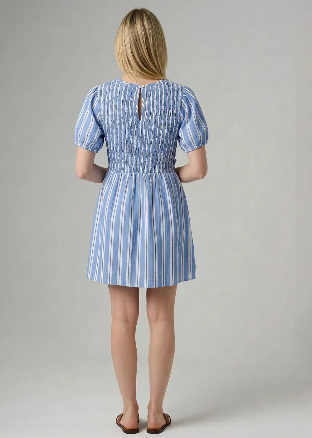 Wednesday’s Girl Blue Cotton Striped Shirred Puff Sleeve Mini Dress - 12 Image 2