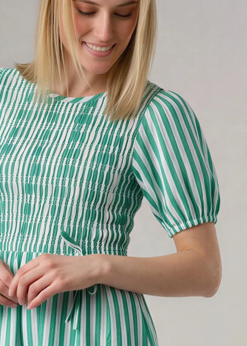 Wednesday’s Girl Green Cotton Striped Shirred Puff Sleeve Mini Dress - 20 Image 3