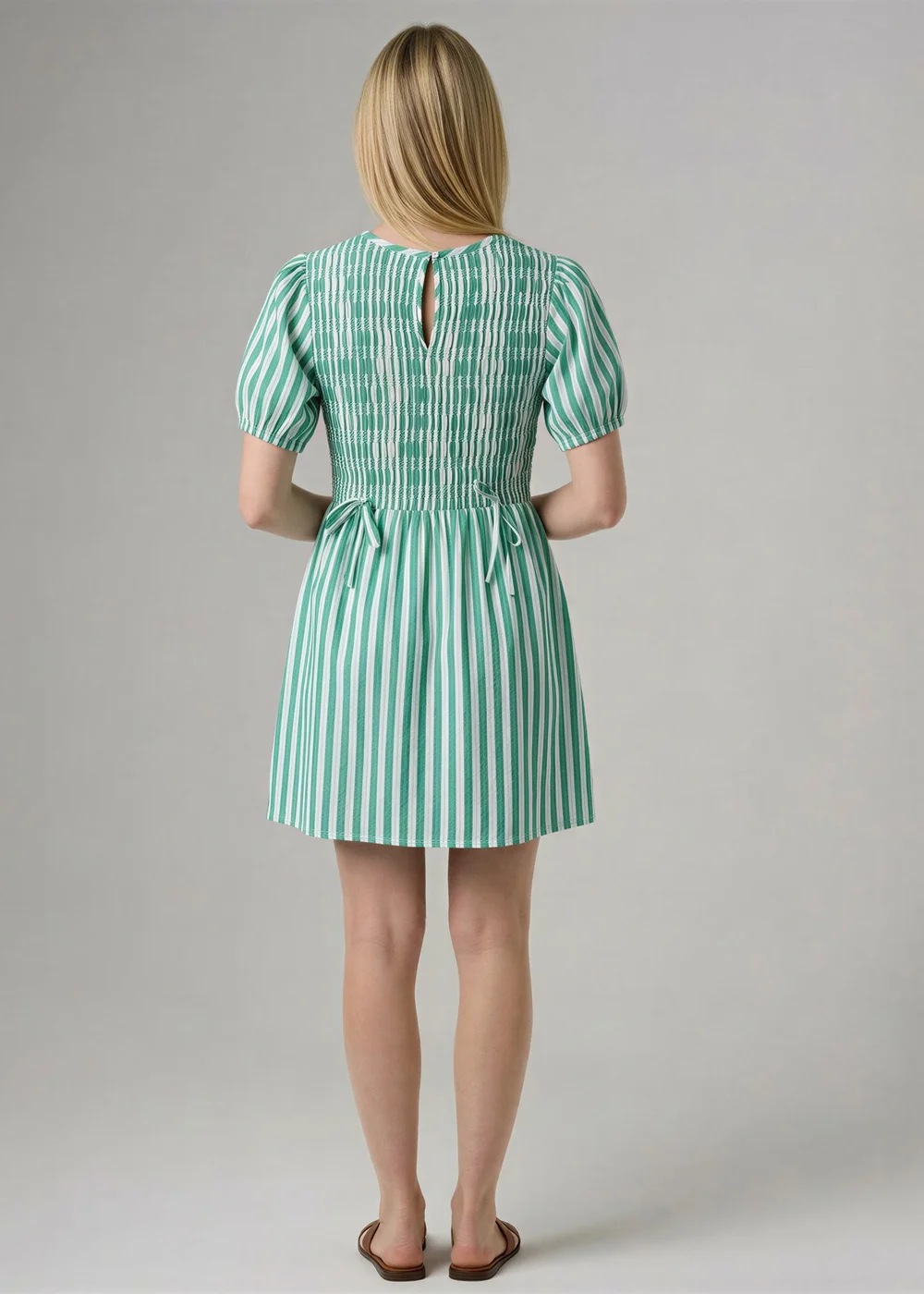 Wednesday’s Girl Green Cotton Striped Shirred Puff Sleeve Mini Dress - 20 Image 2