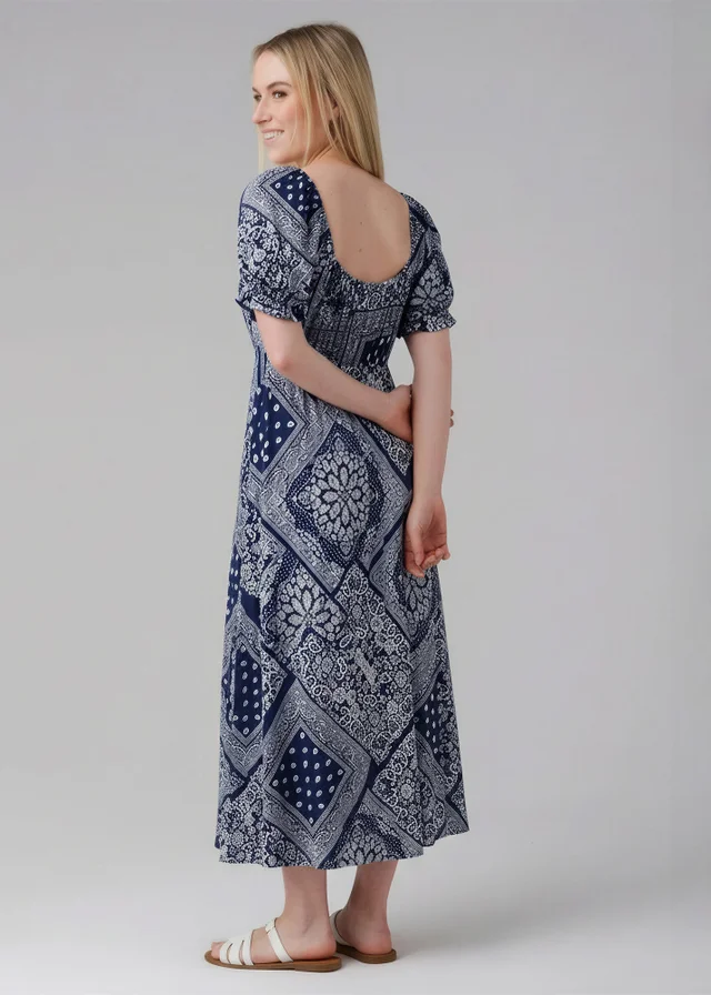 Wednesday’s Girl Blue Bohemian-Print Short Puff Sleeve Milkmaid Midi Dress