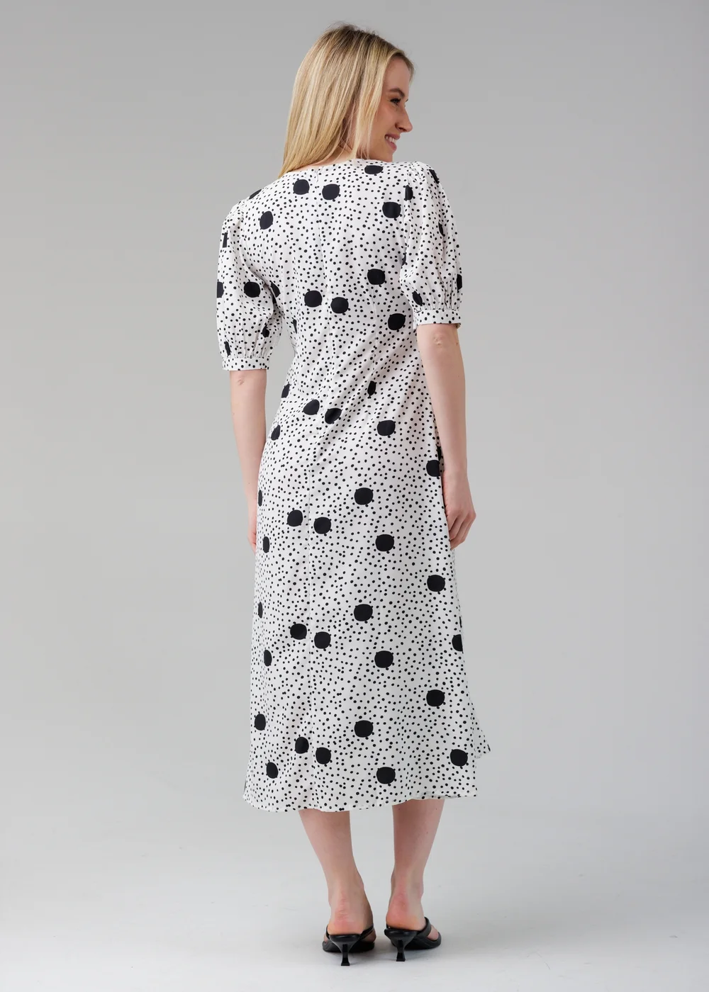 Influence White Polka Dot V-Neck Short Puff Sleeve Midi Dress - 12 Image 2