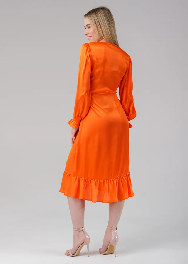 Influence Orange Wrap Frill Long Sleeve V-Neck Midi Dress