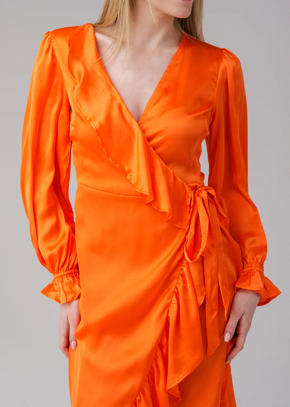 Influence Orange Wrap Frill Long Sleeve V-Neck Midi Dress - 10 Image 3