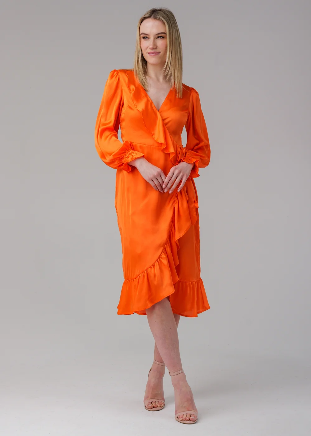 Influence Orange Wrap Frill Long Sleeve V-Neck Midi Dress - 10 Image 1