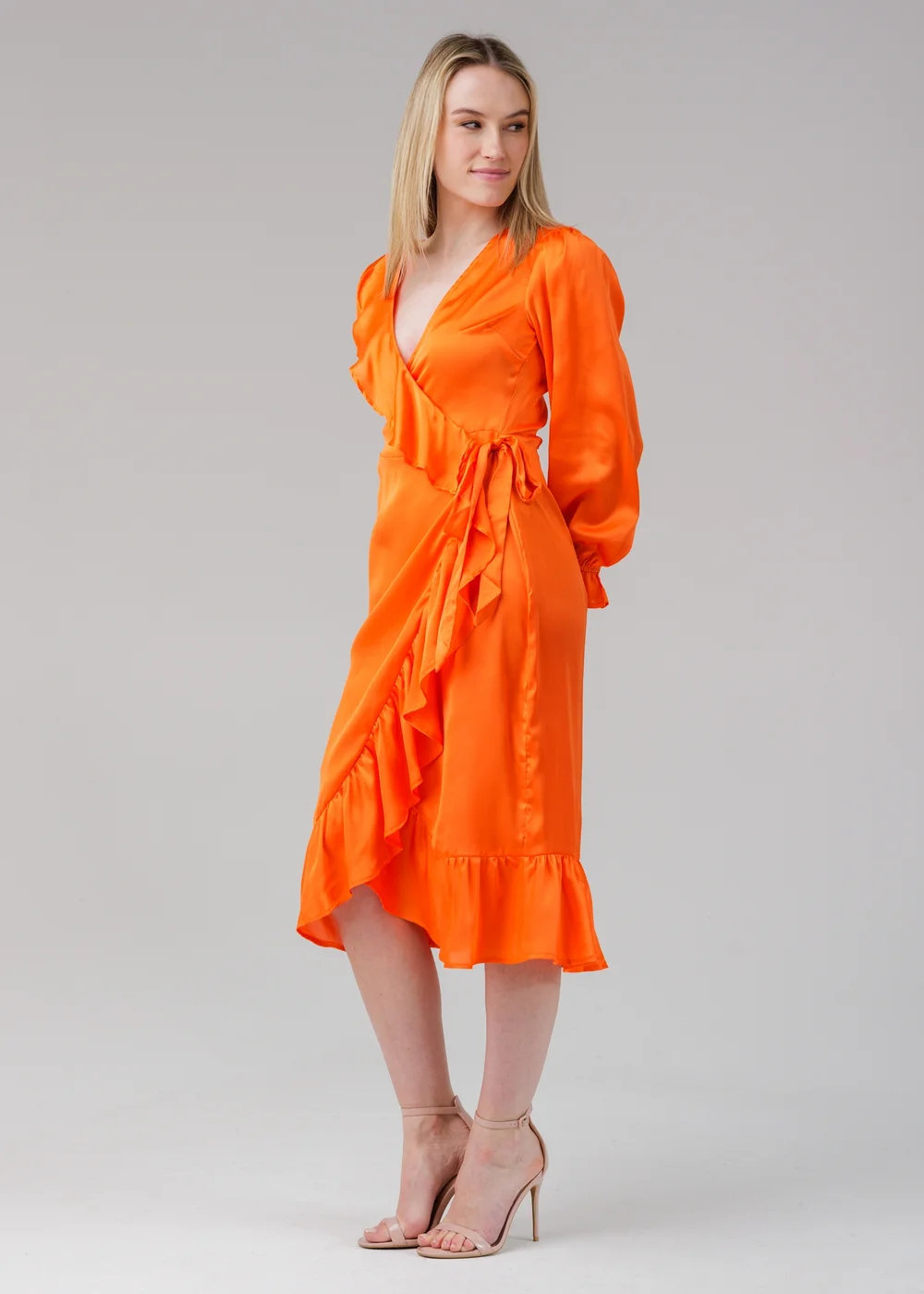 Influence Orange Wrap Frill Long Sleeve V-Neck Midi Dress - 10 Image 4