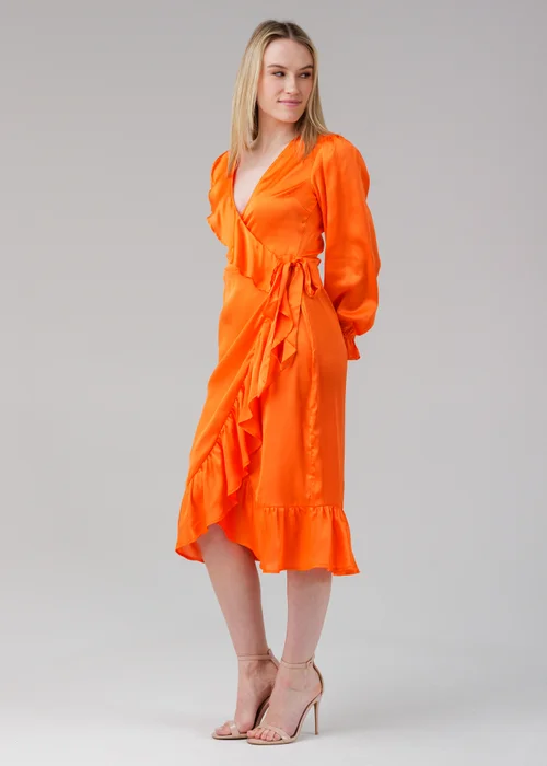 Influence Orange Wrap Frill Long Sleeve V-Neck Midi Dress - 10 Image 4