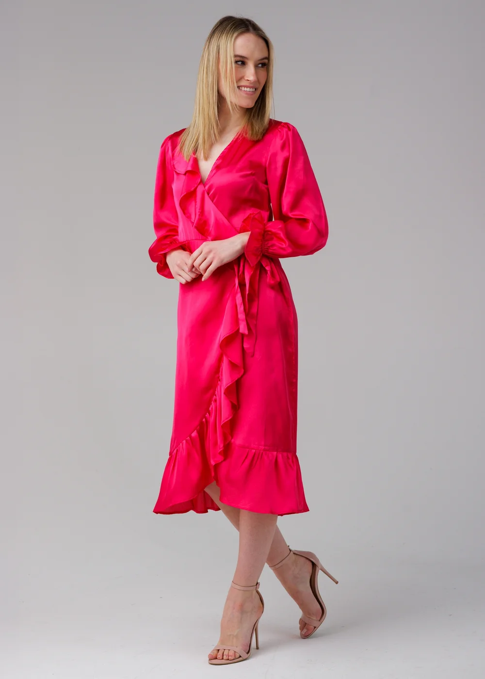 Influence Pink Wrap Frill Long Sleeve V-Neck Midi Dress - 14 Image 4