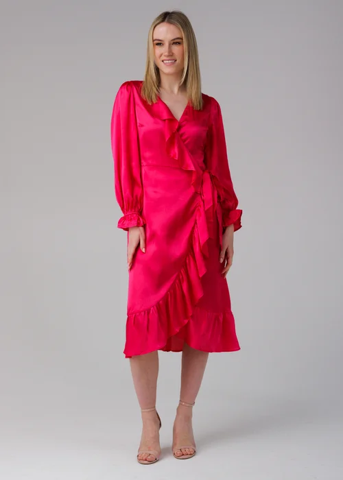 Influence Pink Wrap Frill Long Sleeve V-Neck Midi Dress - 14 Image 1