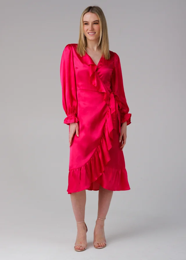 Influence Pink Wrap Frill Long Sleeve V-Neck Midi Dress