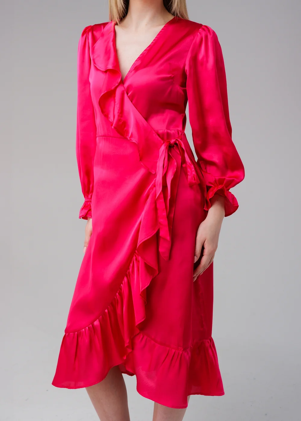 Influence Pink Wrap Frill Long Sleeve V-Neck Midi Dress - 14 Image 3