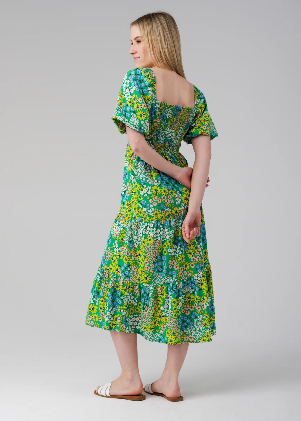 Influence Green Floral Puff Short Sleeve Square Neck Elasticated Midi Dress - 10 Image 2