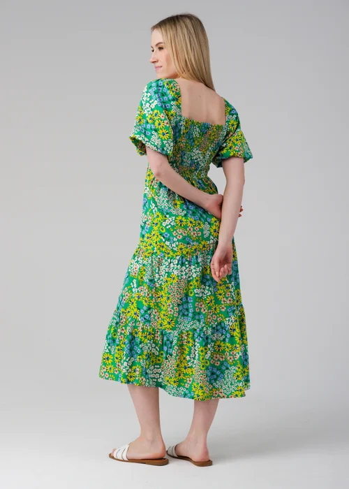 Influence Green Floral Puff Short Sleeve Square Neck Elasticated Midi Dress - 10 Image 2