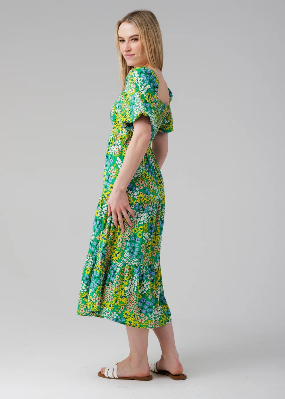 Influence Green Floral Puff Short Sleeve Square Neck Elasticated Midi Dress - 10 Image 4