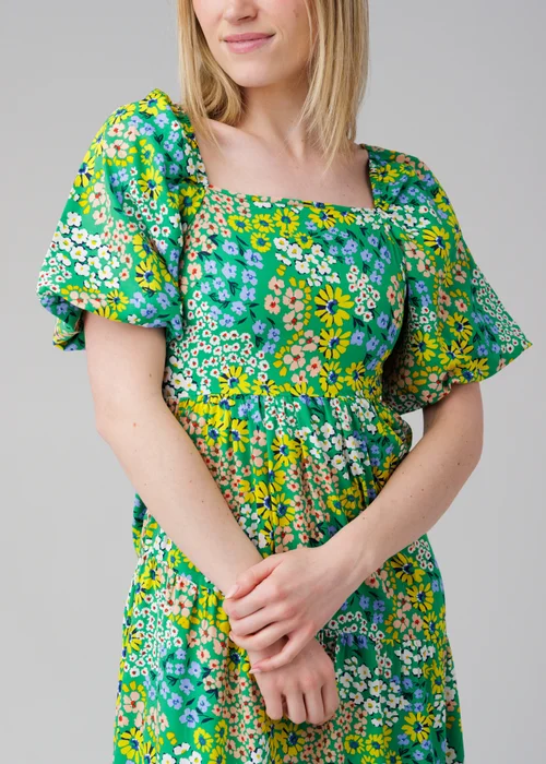 Influence Green Floral Puff Short Sleeve Square Neck Elasticated Midi Dress - 10 Image 3