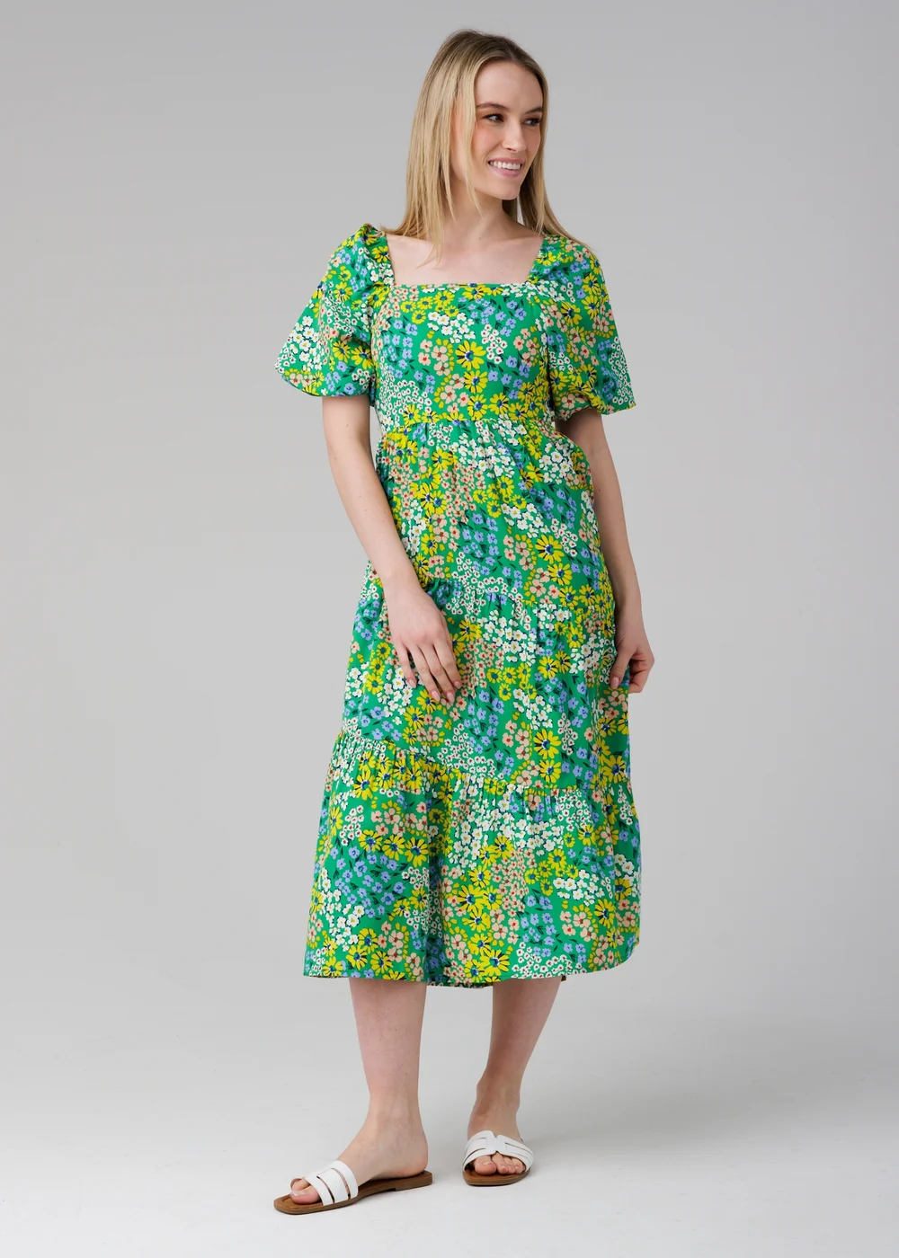 Influence Green Floral Puff Short Sleeve Square Neck Elasticated Midi Dress - 10 Image 1