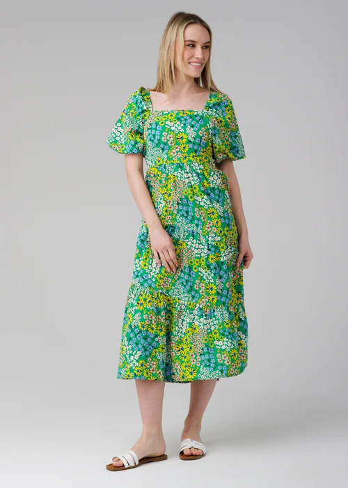 Influence Green Floral Puff Short Sleeve Square Neck Elasticated Midi Dress - 10 Image 1