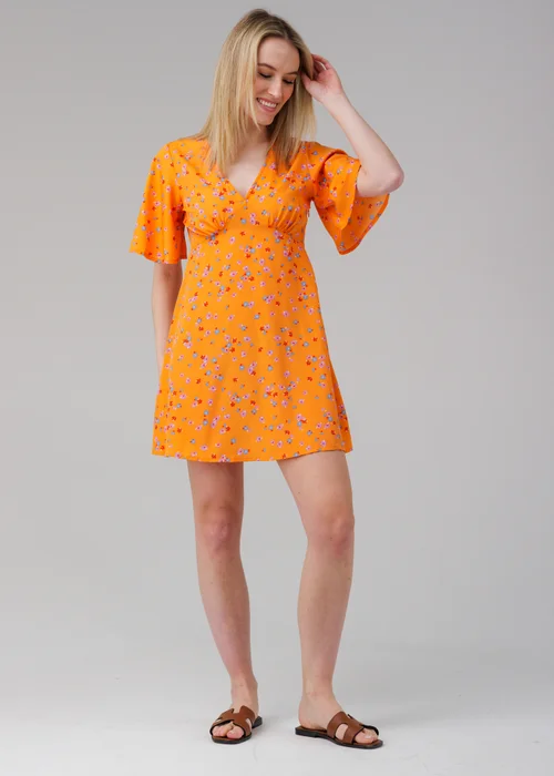 Influence Orange Ditsy Floral Print V-Neck Short Flutter Sleeve Mini Dress - 14 Image 4