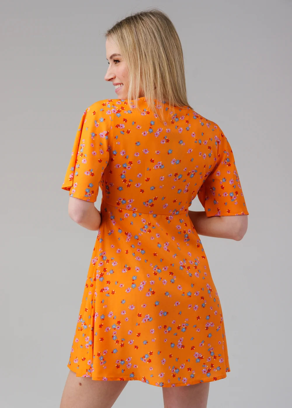 Influence Orange Ditsy Floral Print V-Neck Short Flutter Sleeve Mini Dress - 14 Image 2