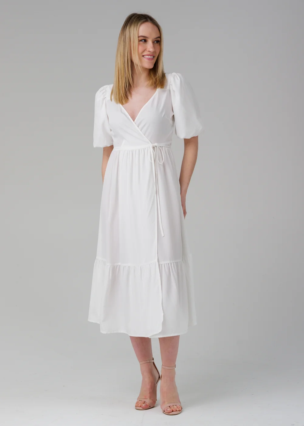 Influence White Puff Sleeve Wrap Tie V-Neck Midi Dress - 8 Image 1