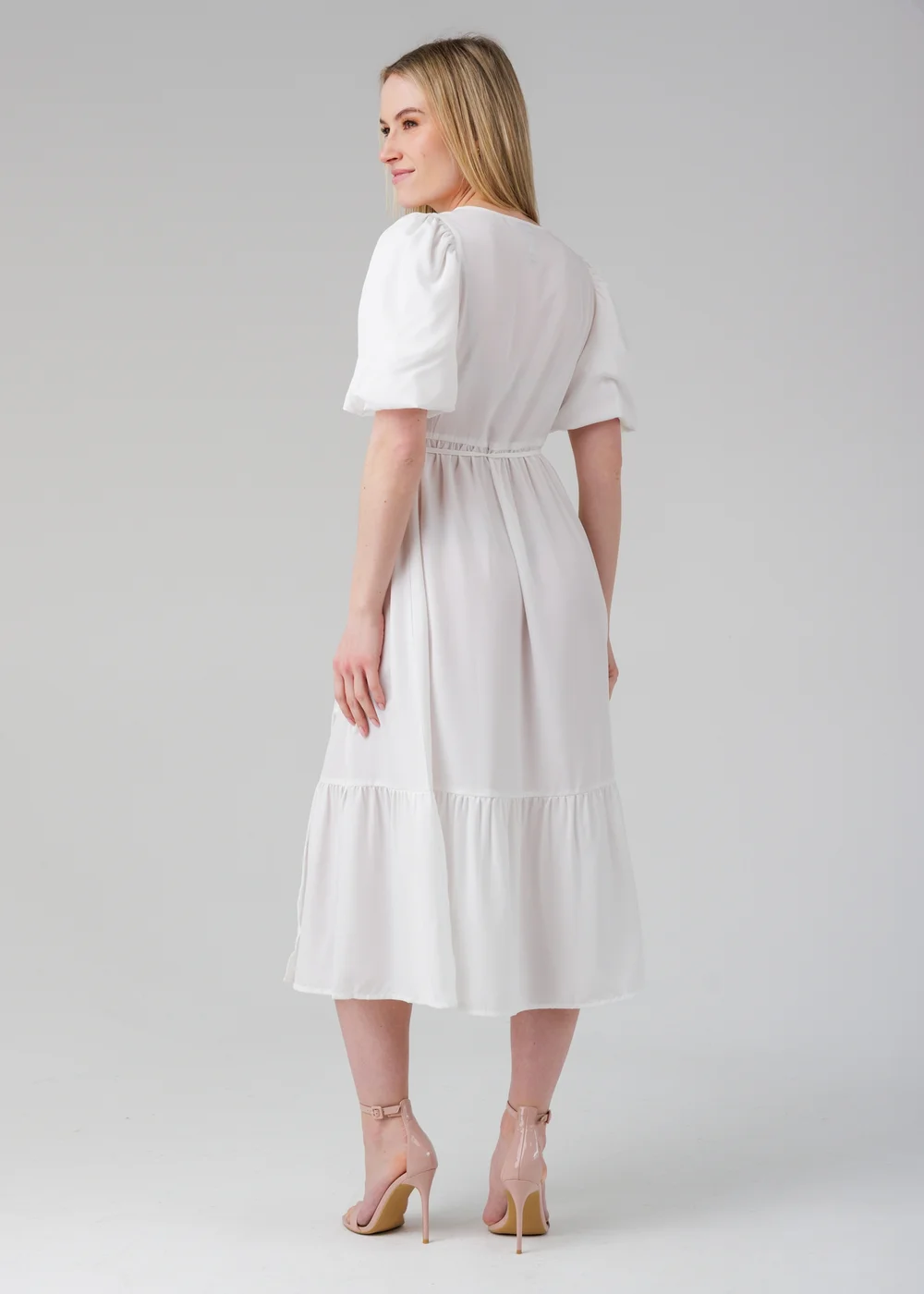 Influence White Puff Sleeve Wrap Tie V-Neck Midi Dress - 8 Image 2