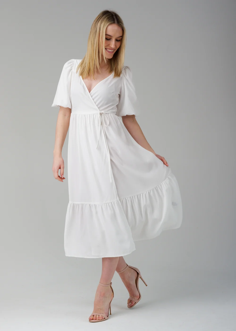 Influence White Puff Sleeve Wrap Tie V-Neck Midi Dress - 8 Image 4