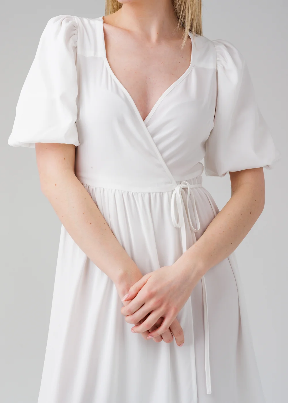 Influence White Puff Sleeve Wrap Tie V-Neck Midi Dress - 8 Image 3