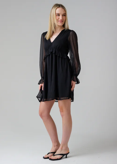 Influence Black Semi-Sheer Flowy Long Sleeve Smock Mini Dress - 12 Image 1