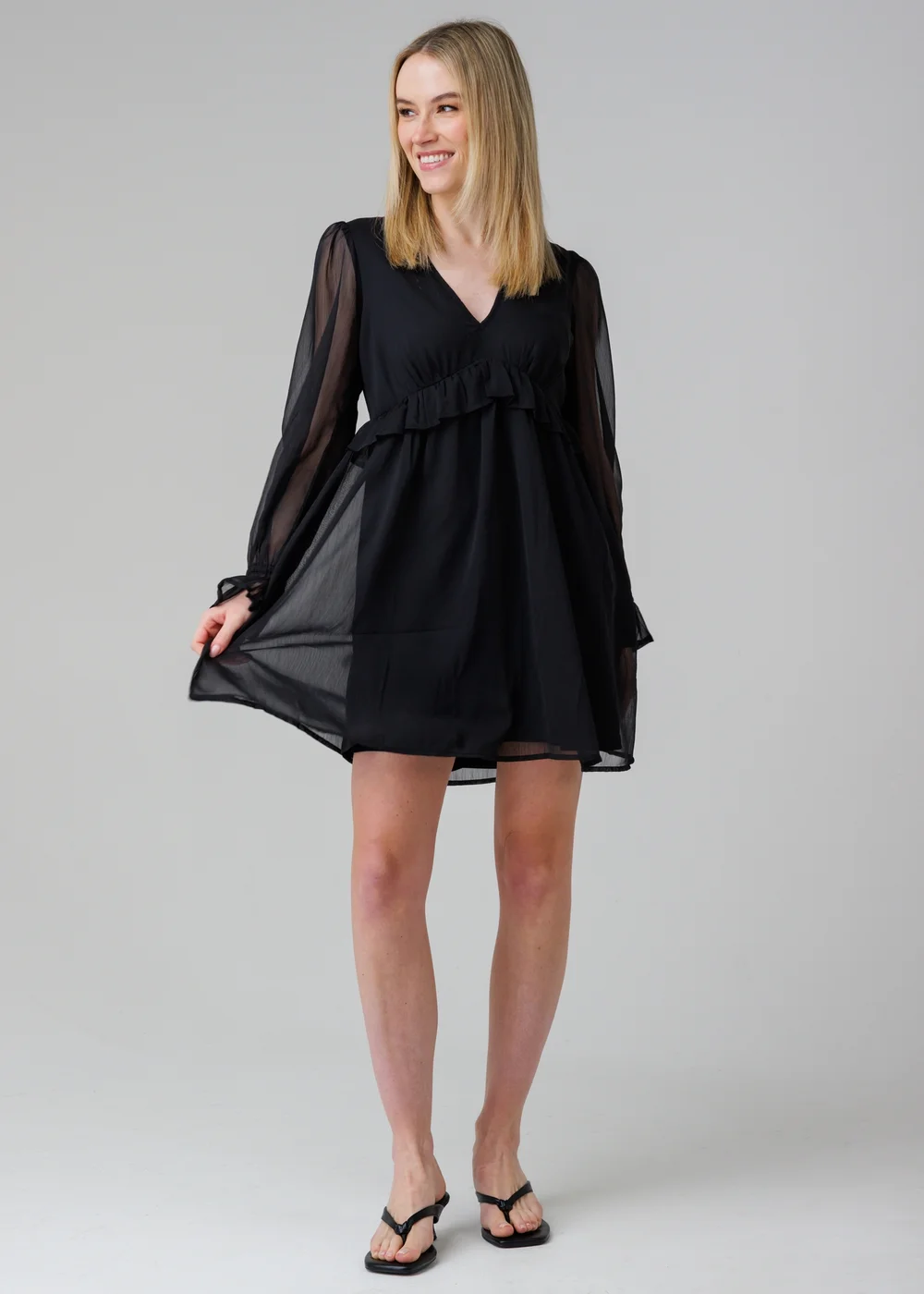 Influence Black Semi-Sheer Flowy Long Sleeve Smock Mini Dress - 12 Image 4