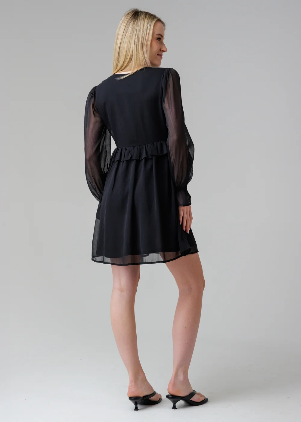 Influence Black Semi-Sheer Flowy Long Sleeve Smock Mini Dress - 12 Image 2