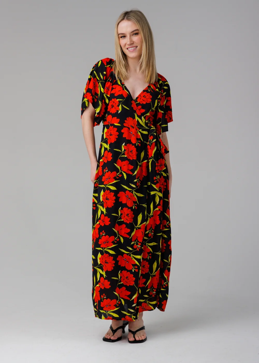Influence Red Floral V-Neck Short Sleeve Front Slit Maxi Dress - 8 Image 1