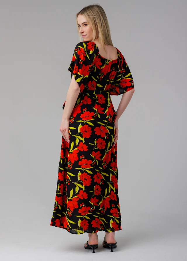 Influence Red Floral V-Neck Short Sleeve Front Slit Maxi Dress