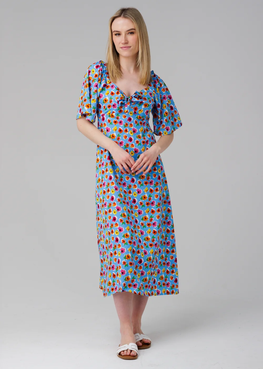 Influence Blue Floral Print Sweetheart Neck Short Sleeve Midi Dress - 14 Image 1