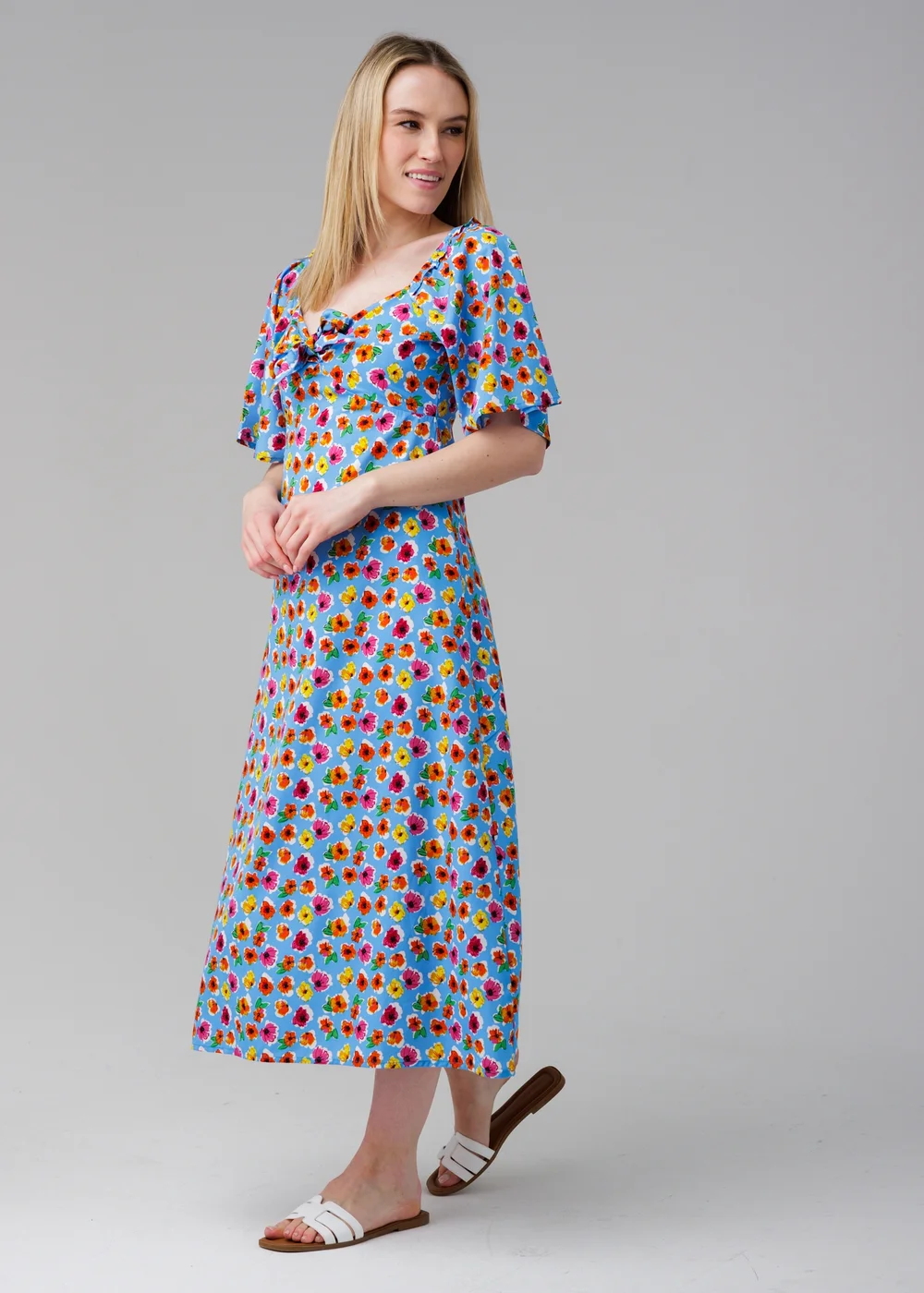 Influence Blue Floral Print Sweetheart Neck Short Sleeve Midi Dress - 14 Image 4