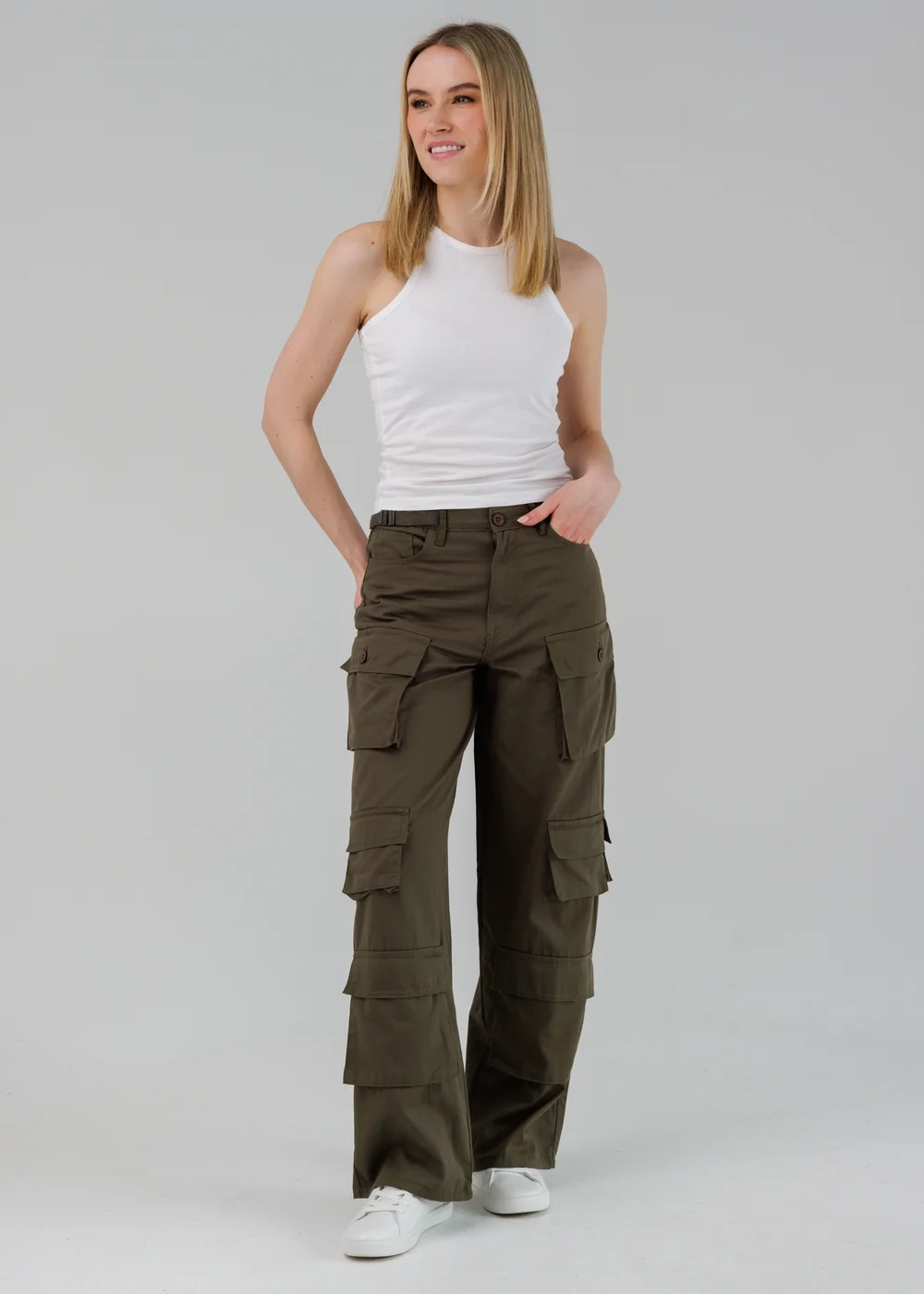 Influence Khaki Cargo-Style Wide Leg Trousers - 10 Image 4