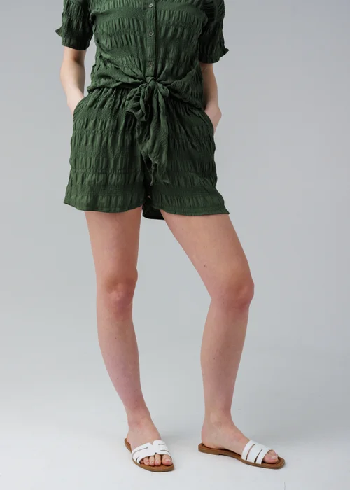 Influence Khaki Textured Smocked High Waist Elasticated Shorts - 10 Image 1
