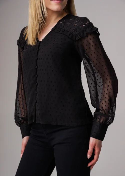 Influence Black Lace Semi-Sheer Long Sleeve Ruffled V-Neck Blouse - 14 Image 3