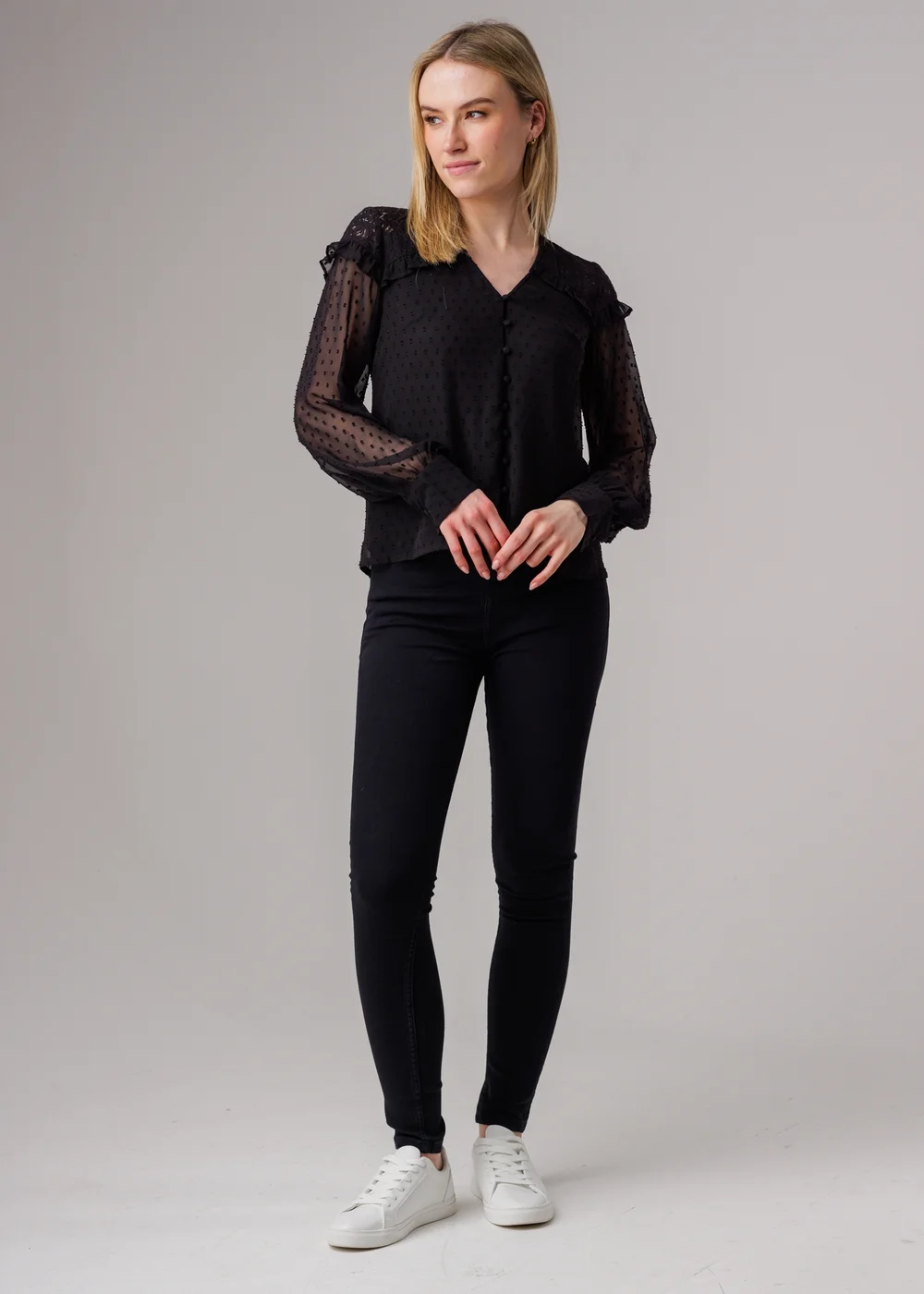 Influence Black Lace Semi-Sheer Long Sleeve Ruffled V-Neck Blouse - 14 Image 4