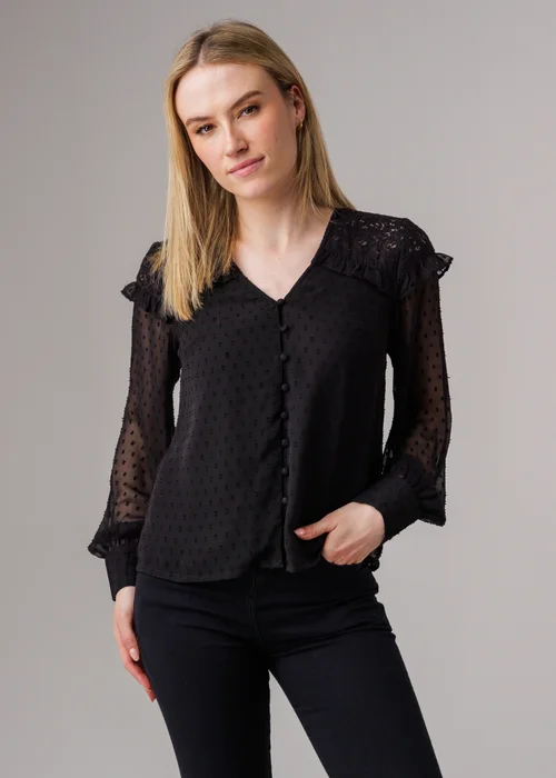 Influence Black Lace Semi-Sheer Long Sleeve Ruffled V-Neck Blouse - 14 Image 1