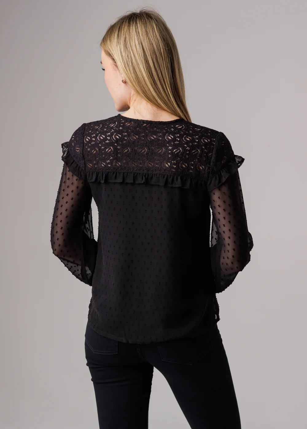 Influence Black Lace Semi-Sheer Long Sleeve Ruffled V-Neck Blouse - 14 Image 2